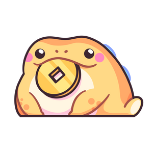 Cartoon illustration of TOTYM's Jin Chan frog, depicted in a kawaii style with soft beige tones, blue accents, and a golden coin. Perfect for fans of cute mythical creature art.