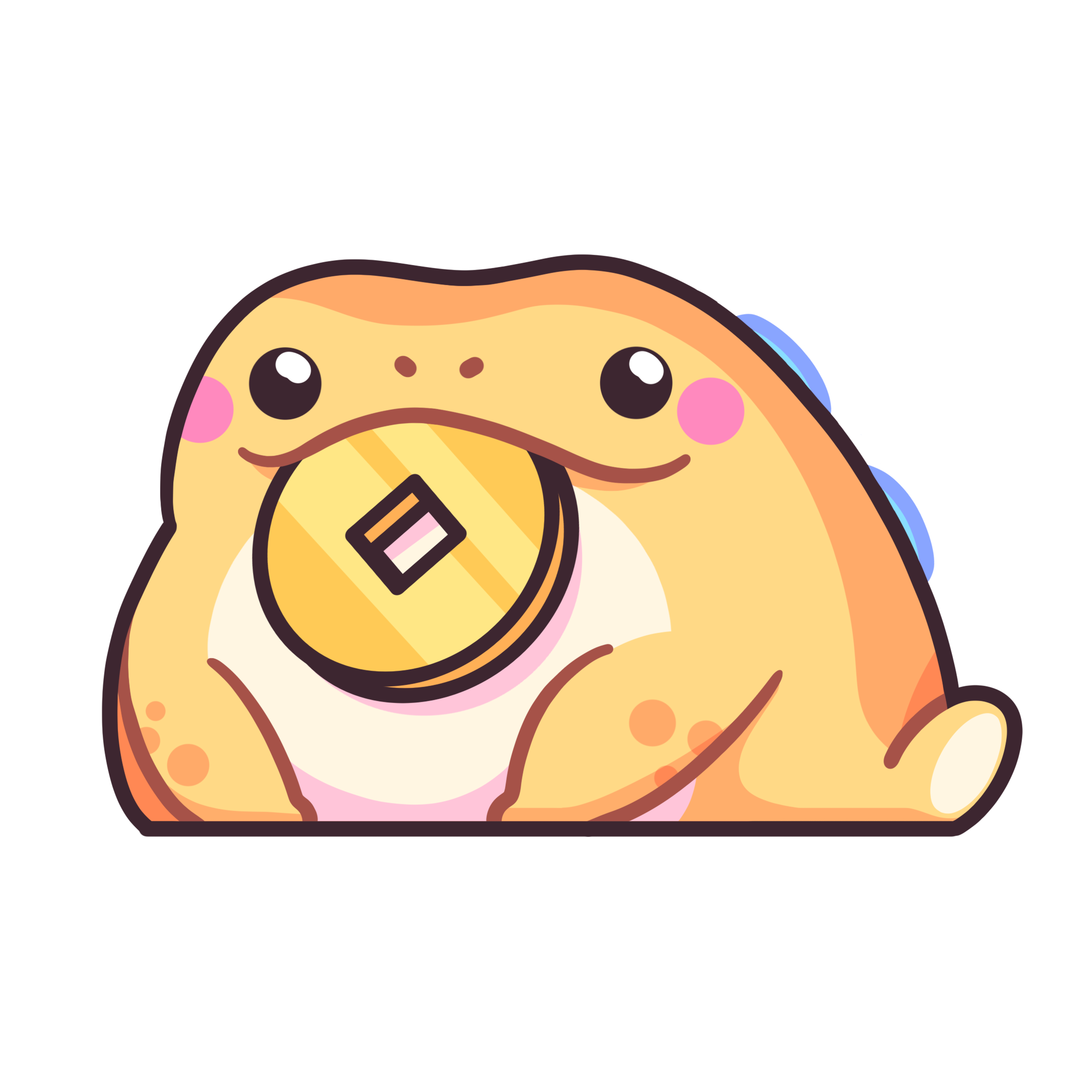 Cartoon illustration of TOTYM's Jin Chan frog, depicted in a kawaii style with soft beige tones, blue accents, and a golden coin. Perfect for fans of cute mythical creature art.